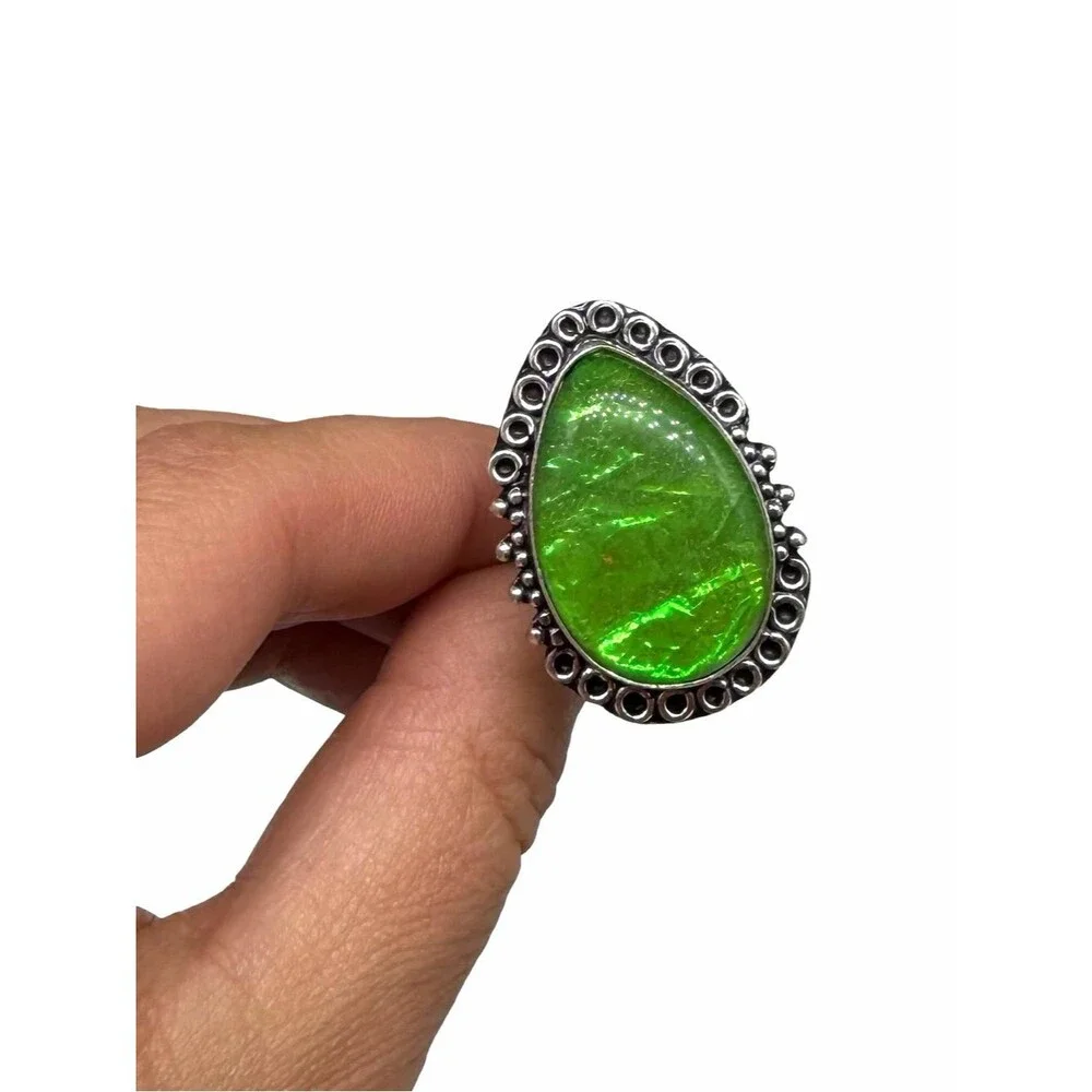 Green Triplet Opal Ring Size 7.5 925 Sterling Silver Overlay